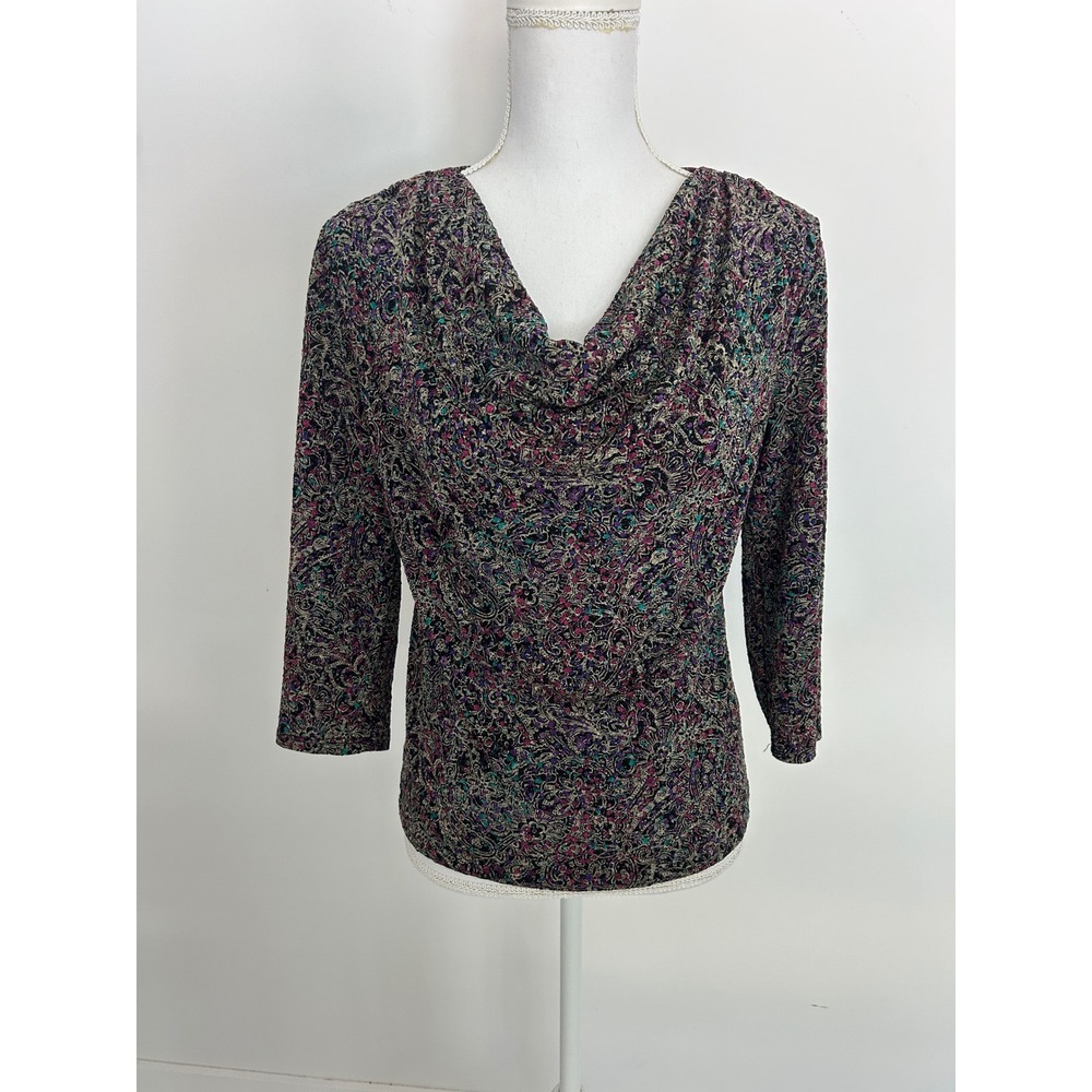 Womens Metallic Cowl Neck Paisley Print Top 3/4 Sleeve Purple Pink Teal Size S